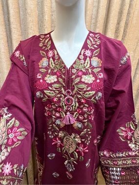 Ethnic Indian Wear Maroon Embroidered Long Sleeve Dress